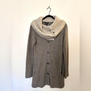 Forte Cashmere Gray & Cream Cowl Neck 100% Cashmere Women’s Cardigan Sweater, L